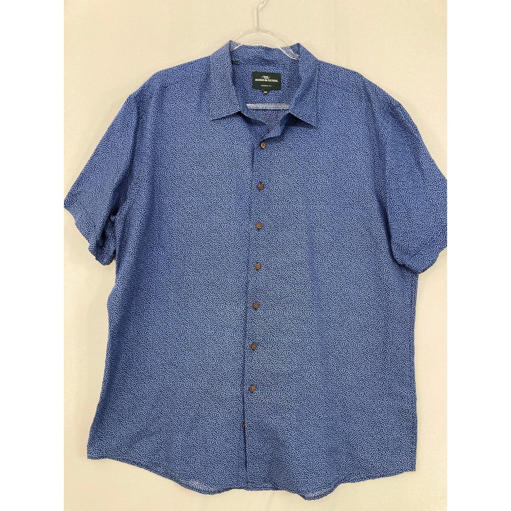 Rodd & Gunn Button Down Shirt 2XL Blue Linen Blend Leaf‎ Print Short Sleeve